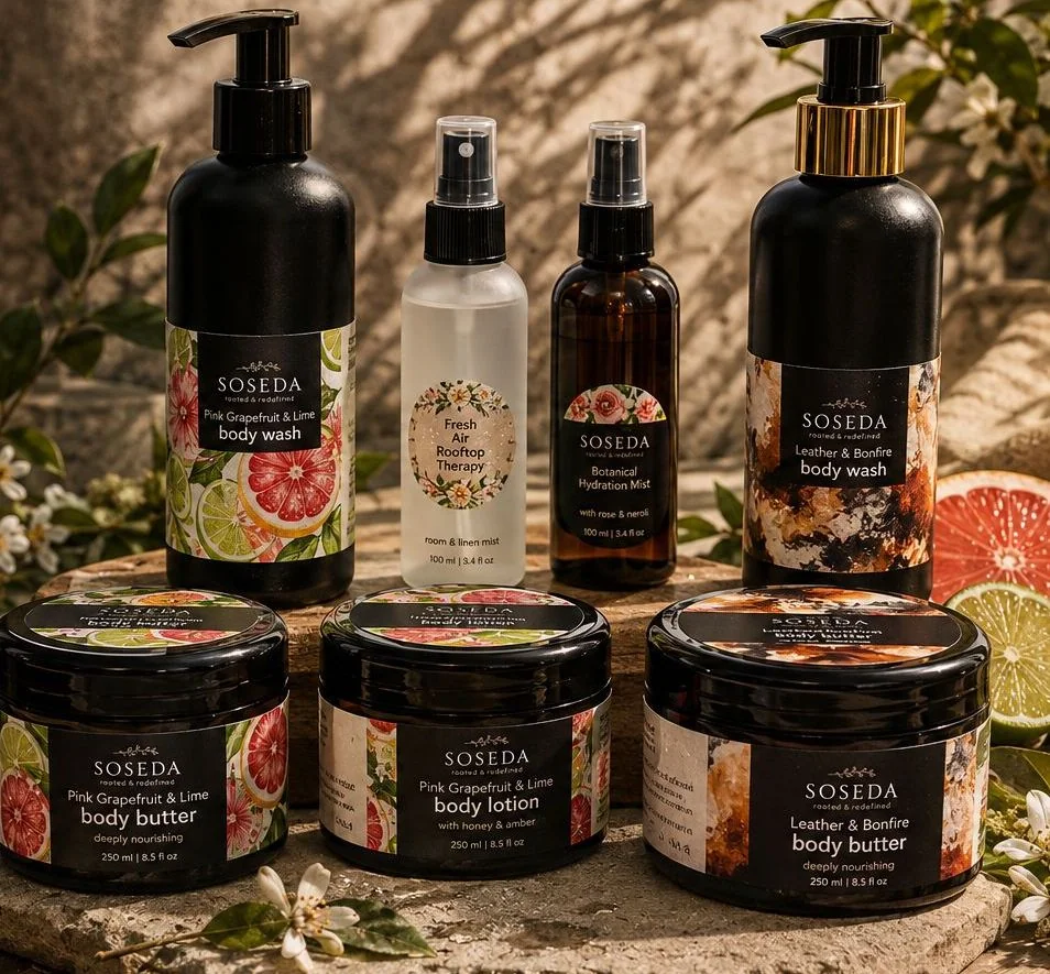 Natural Soseda body wash and lotion bottles arranged elegantly on a spa-like bathroom surface